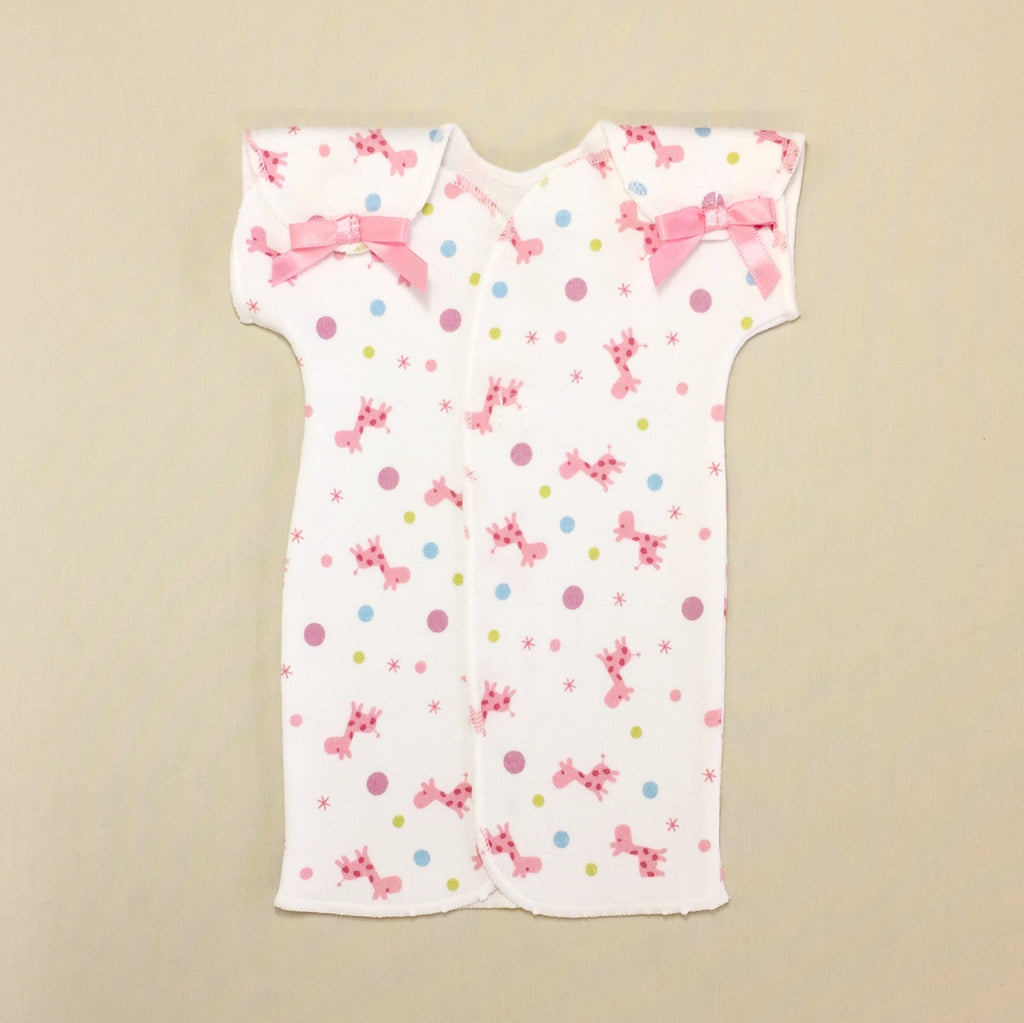 NICU Baby Gown White With Pink Giraffe Print And Velcro Shoulder Openings